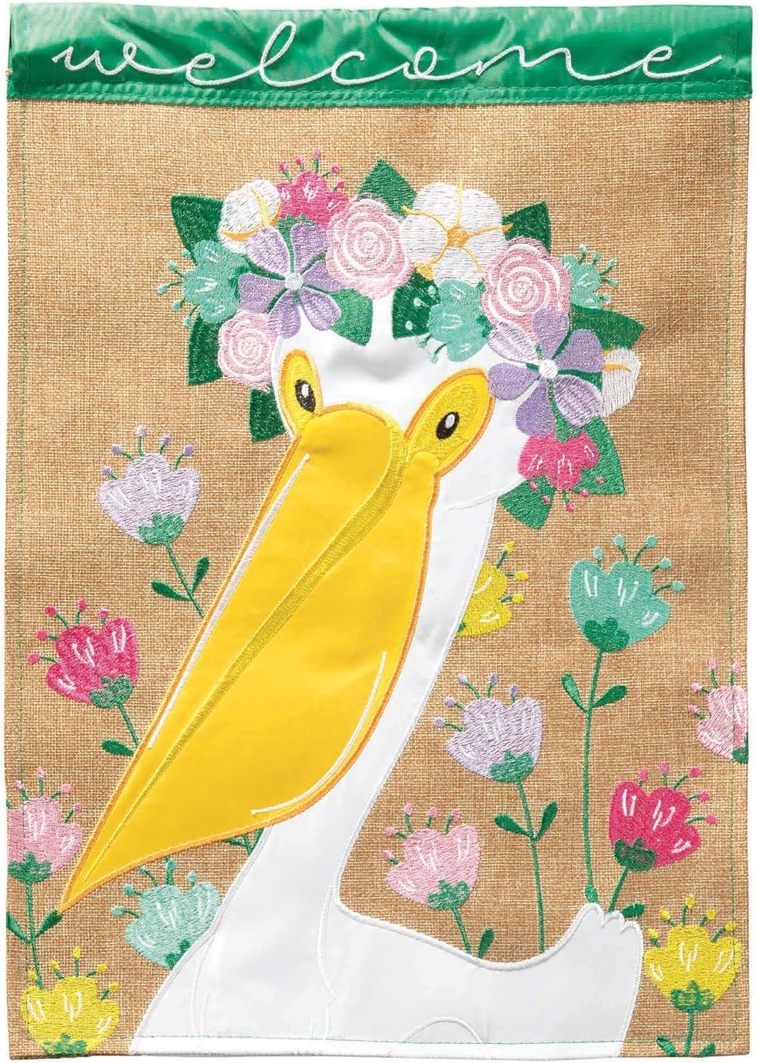 Magnolia Garden Welcome Pelican with Floral Crown 13 x 18 Inch Polyester Garden Flag