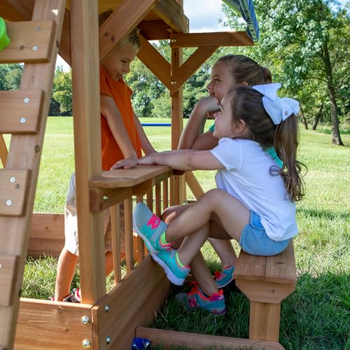 Backyard Discovery Beach Front All Cedar Wooden Swing Set with Monkey Bars, Large Upper Deck with Canopy, Ships Wheel, Play Telescope, Sandbox, Snack Bench, Rock Wall