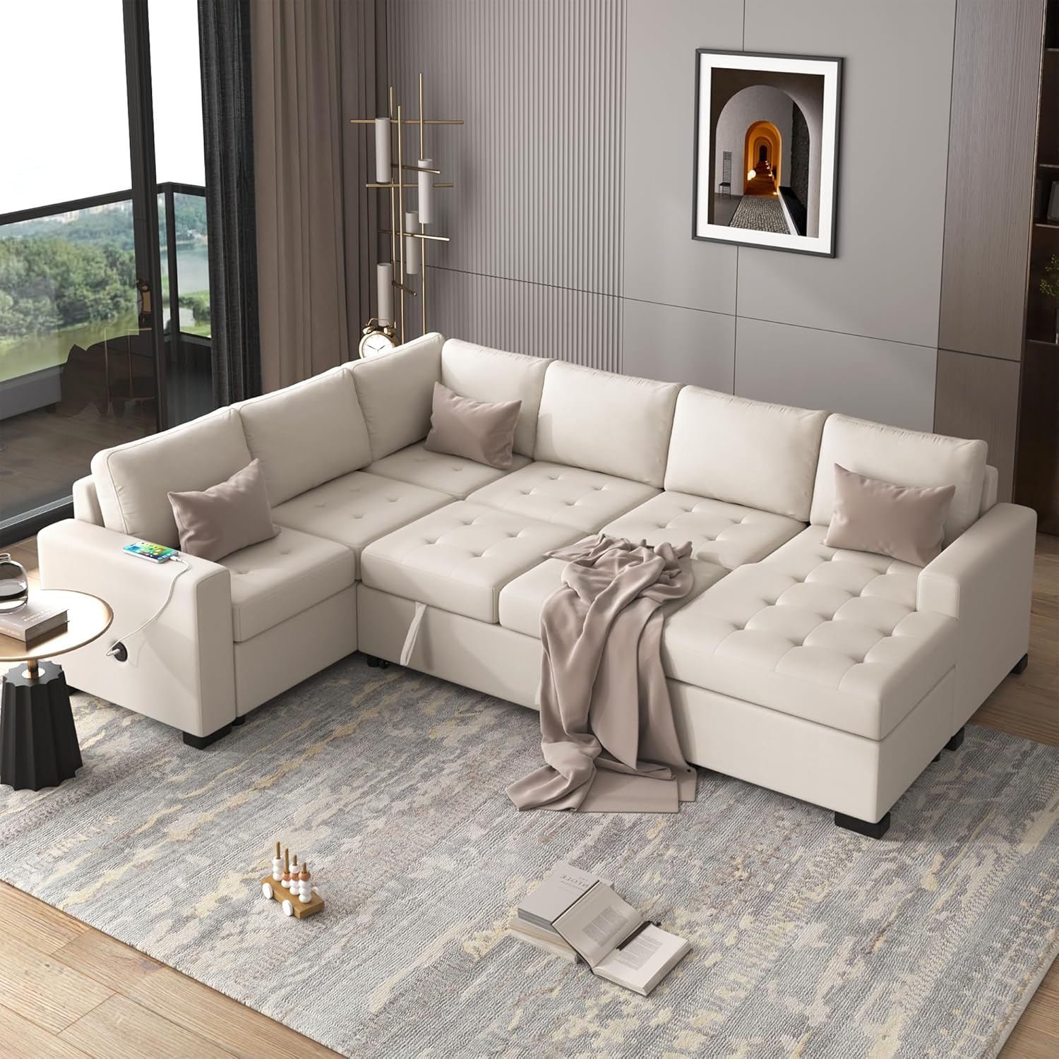 Harper & Bright Designs Sectional Sleeper Sofa with Pull-Out Bed and Lounge Chair, L Shape Sofa Set with USB and Type-C Interfaces, Suitable for Living Room, Office, and Spacious Spaces（Beige）