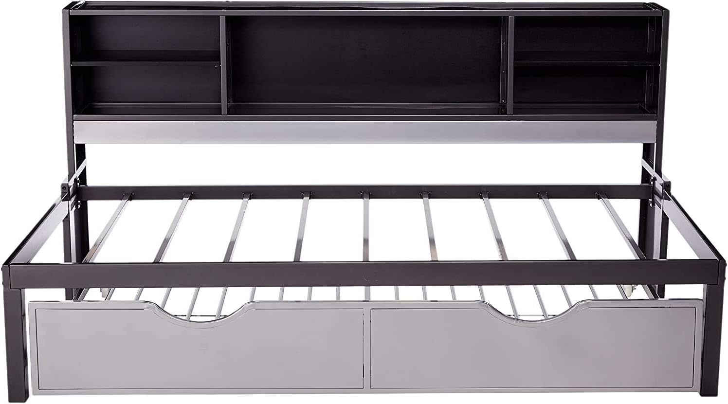 BOWERY HILL Metal Frame Twin Bed with Trundle in Black and Silver Including Bookcase