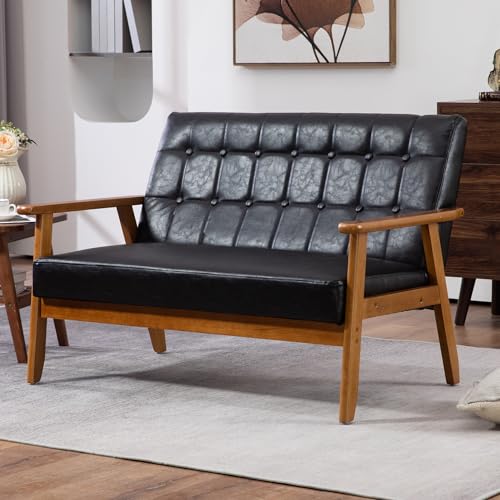 Dolonm Mid Century Modern Loveseat, Small Loveseat Sofa with Wood Frame, Linen Loveseat for Small Space, Settee Loveseat Bench for Bedroom, Button Tufted Oversized Living Room Armchair, Navy