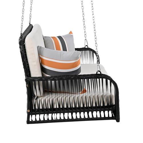 PE Wicker Porch Swing, 2-Seater Hanging Bench with Chains, Patio Furniture Swing All Weather Design,Bearing 500Lbs 2-Person Wicker Hanging Porch Swing for Backyard,Garden,Poolside (Beige+Black)