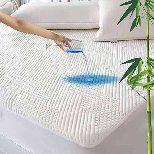 GRT Waterproof Rayon Bamboo Mattress Protector Queen Size - 3D Air Fiber Mattress Protector Cover, Cooling Mattress Pad Breathable Ultra Soft Noiseless 8''-21'' Deep Pocket Machine Washable