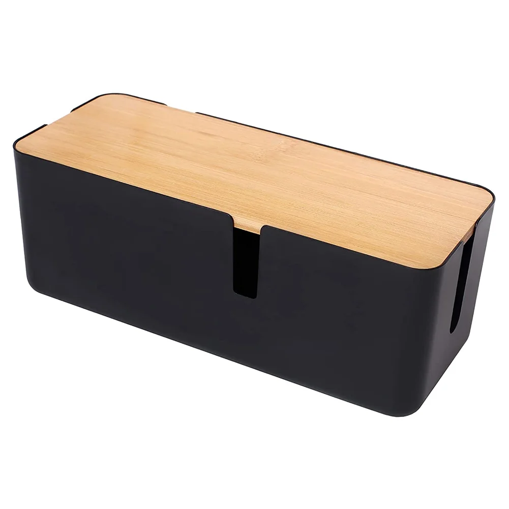 ckepdyeh Cable Management Box with Bamboo Lid Small Cable Organizer Box for Extension Cord Power Stripe Surge Protector(Black) Cable Management Box