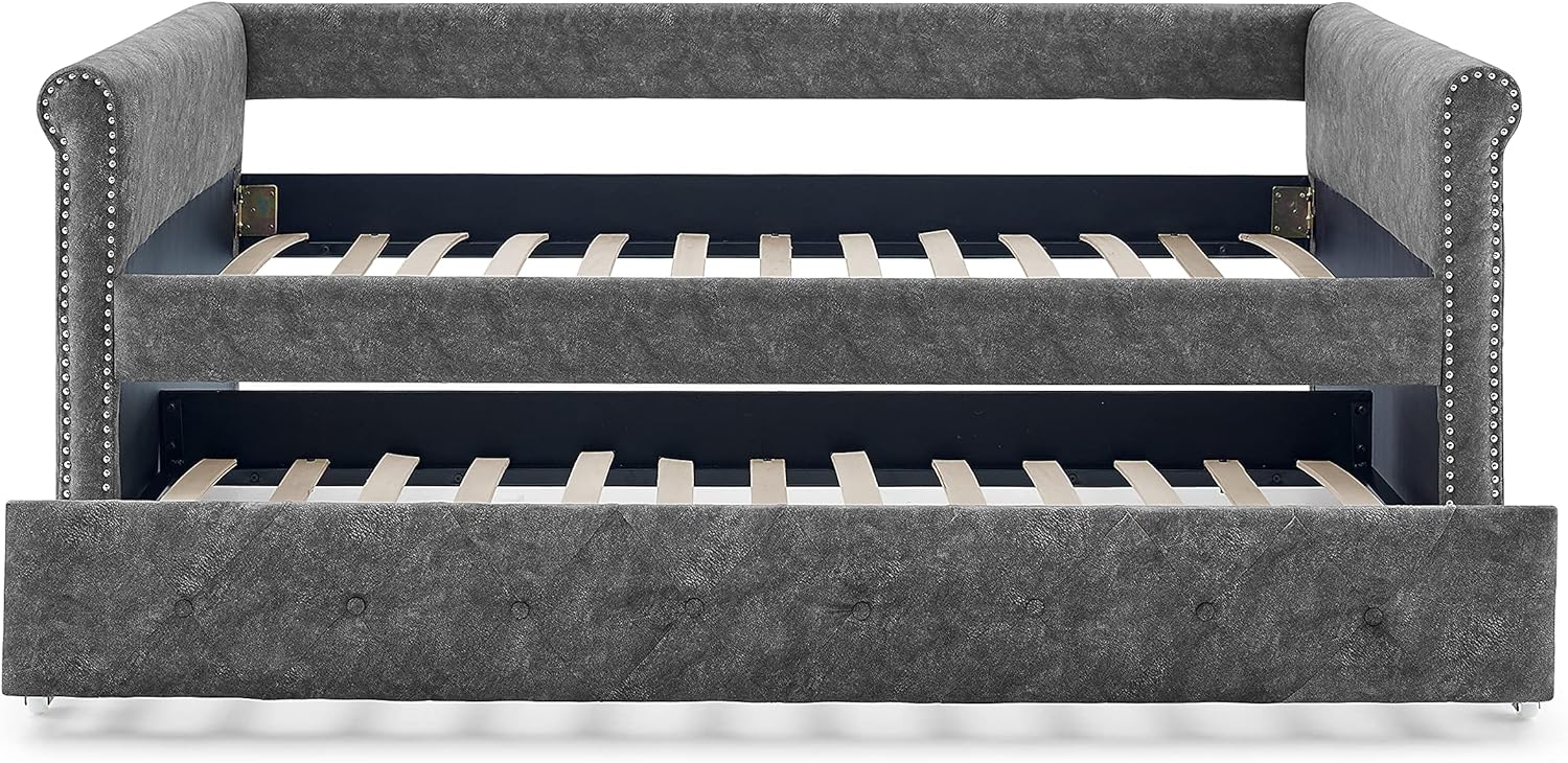 Flieks Twin Upholstered Daybed with Trundle, Solid Wood Upholstered Tufted Sofa Bed Frame with Button Tufted and Nailtrim on Arms, No Box Spring Needed, Grey
