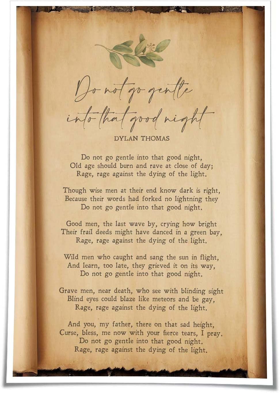 Quwinty Do Not Go Gentle Into That Good Night Funeral Poem Poster Vintage Poetry Prints Posters Art Deco Modern Room Decoration Painting Canvas Set (8.00''x12.00'',Unframed)