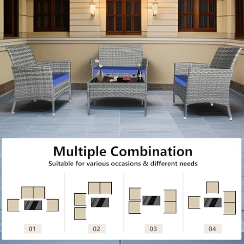 4 piece patio furniture set, Rattan Patio Furniture，Outdoor Wicker Conversation Set with Thick Cushion for Garden, Yard, Porch，Lawn Balcony or Backyard (Dark Coffee Rattan Beige Cushion)