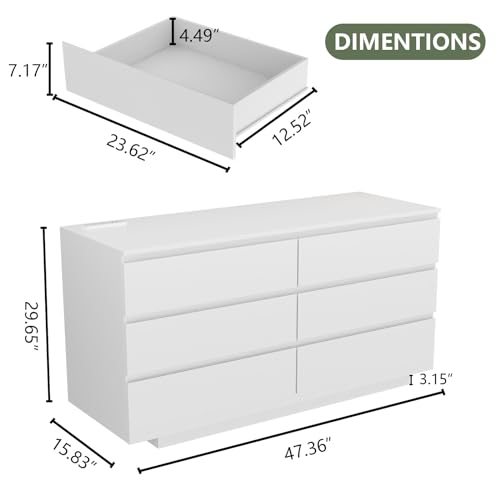 6 Drawer Dresser with Power Outlet, Floating White Dresser Chest of Drawer with LED Light,Modern Double Wide Drawer Organizer Cabinet for Bedroom,Living Room (Black)