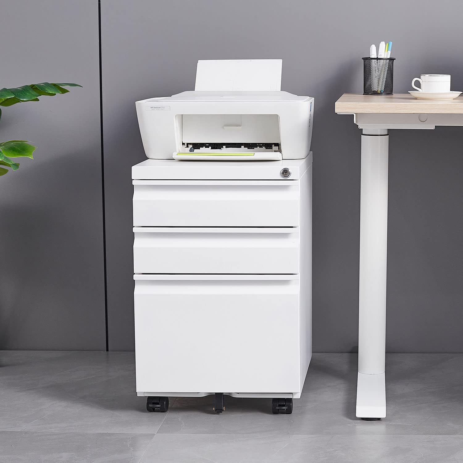 Filing Cabinet 3 Drawer, Locking File Cabinets for Home Office, Mobile Filing Cabinet for A4/Letter/Legal Size File Folders, Fully Assembled, Matte White