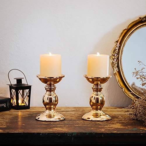 Set of 2 Gold Candlestick Metal Pillar Candle Holders for 3 inches Dia Candle, Wedding Centerpieces Candlestick Holders Stand Centerpiece Decoration Ideal for Weddings, Special Events, Parties