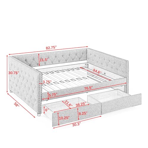 Antetek Twin Size Upholstered Daybed, Modern Linen Button Tufted Sofa Day Bed Frame w/Drawers Copper Nail for Living Room, Apartment, Guest Room, No Box Spring Needed, Beige