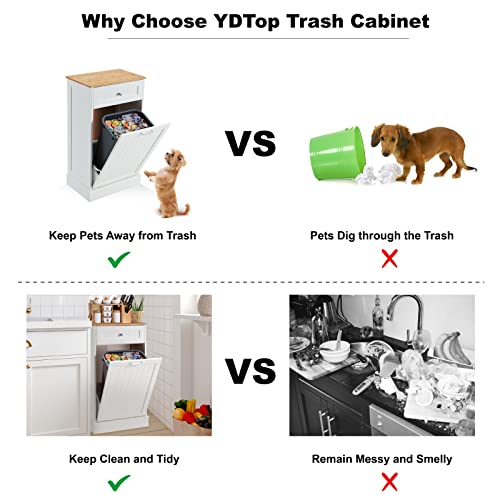 Tilt Out Trash Cabinet, Kitchen Freestanding Wood Recycling Trash Cabinet with Drawer & Cutting Board, Recycling Cabinet with Hideaway Drawer, 10 Gallon Tilt Out Trash Cabinet Kitchen(White)