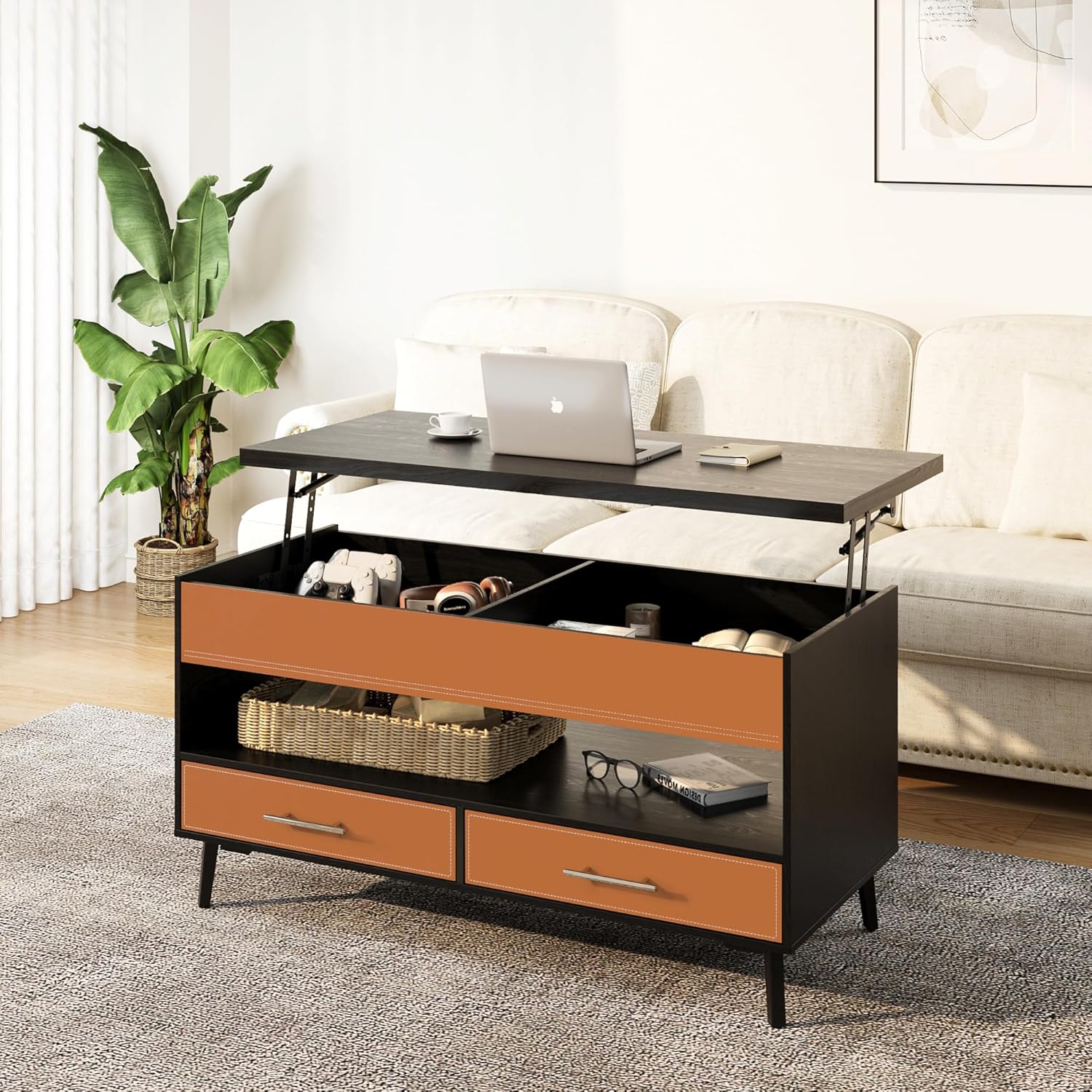 Leather Lift Top Coffee Table with 2 Drawers and Large Hidden Compartment, Modern Central Table with Drawers, Lift-up Dining Table for Living/Home office/Apartment, Black/Orange