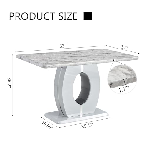 Modern Dining Table for 6,Marble Dining Table with 0.39-Inch Thick Glass Tabletop and Chrome-Plated Stainless Steel Base,White Large Dinner Table Ideal for Kitchen Home Office