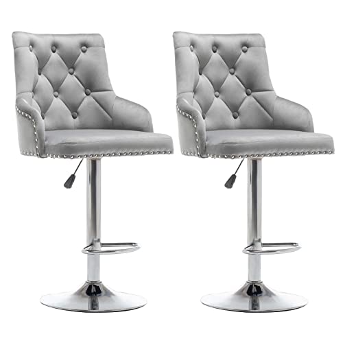 Bar Stool Set of 2 Velvet Adjustable with Tufted Backrest, Counter Height Swivel Stool Upholstered Modern Barstool Chair Chrome Base for Kitchen, Home Bar, Dining Room, (grey)