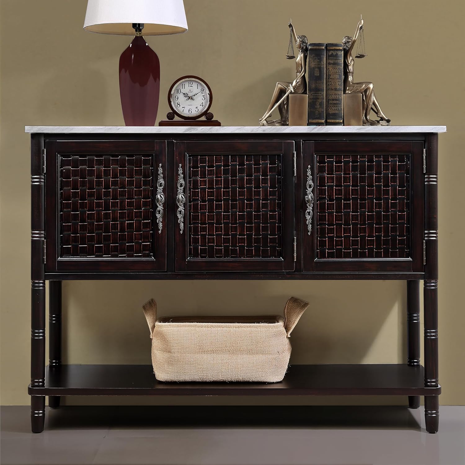 Entryway Table with Faux Marble Tabletop,47inch Farmhouse Console Table with 3 Cabinets Storage,Rustic Sofa Table with Open Shelf for EntryWay,Hallway,Living Room,(Espresso+White Marble)