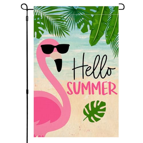 BLKWHT Summer Flamingo Garden Flag 12x18 Vertical Double Sided Tropical Leaves Beach Holiday Outside Decorations Burlap Yard Flag BW642