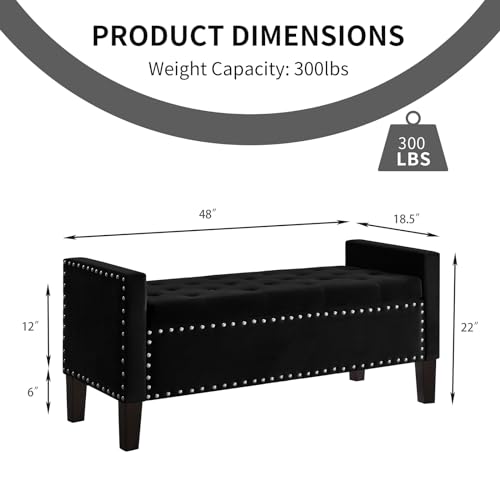 48” Ottoman Bench for Bedroom, Velvet Upholstered Entryway Bench with Nailhead Trim, Button Tufted End Bed Bench with Armrest for Bedroom (Gray)