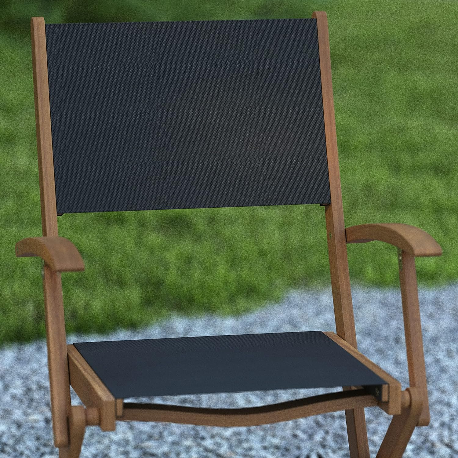 EMMA + OLIVER Kosti Folding Chairs with Arms - Natural Acacia Wood - Textilene Mesh Seat and Back - Weather Resistant - 275 lbs. Static Weight Capacity - Set of Two