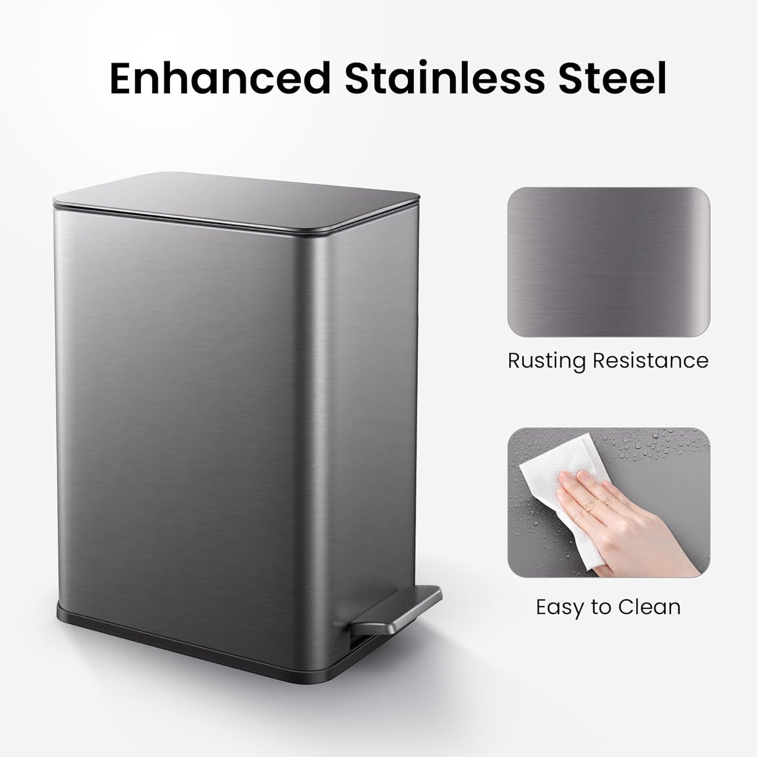 Cesun Bathroom Trash Can with Lid -2.6 Gallon Slim Stainless Steel Garbage Can, Narrow Step Trash Can with Soft Close for Bathroom, Office, Bedroom, Charcoal