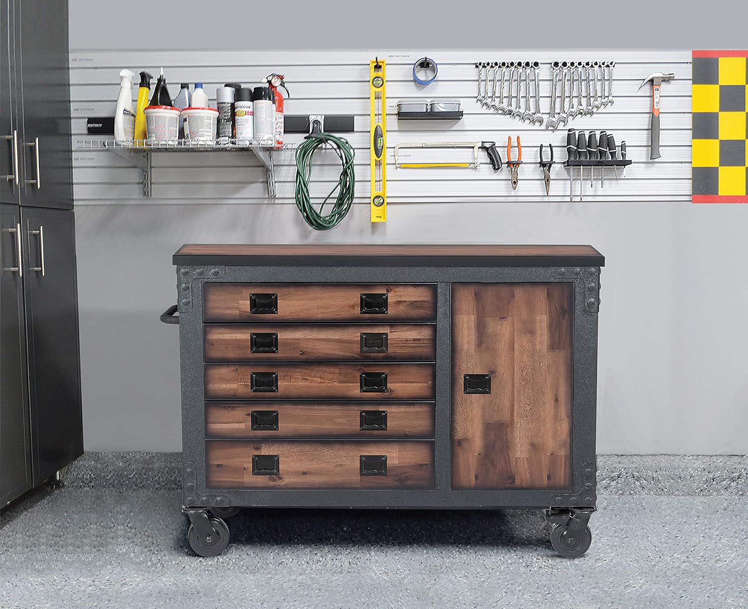 Duramax 48 in. 5-Drawers Garage Rolling Tool Chest with Dark Solid Wood Top
