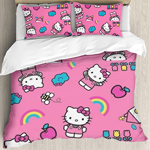 DIEZ Hello Cat Kitty 3 Piece Twin Bed Set - Includes Comforter & Pillowcases - Bedding Features Anime Cats - Super Soft Fade Resistant Microfiber