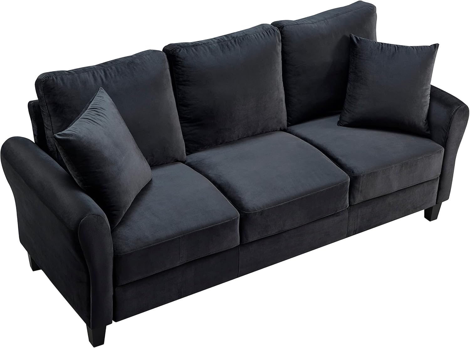 Modern Velvet Couch with 2 Pillow, 78 Inch Width Living Room Furniture, 3 Seater Sofa with Plastic Legs (Black)