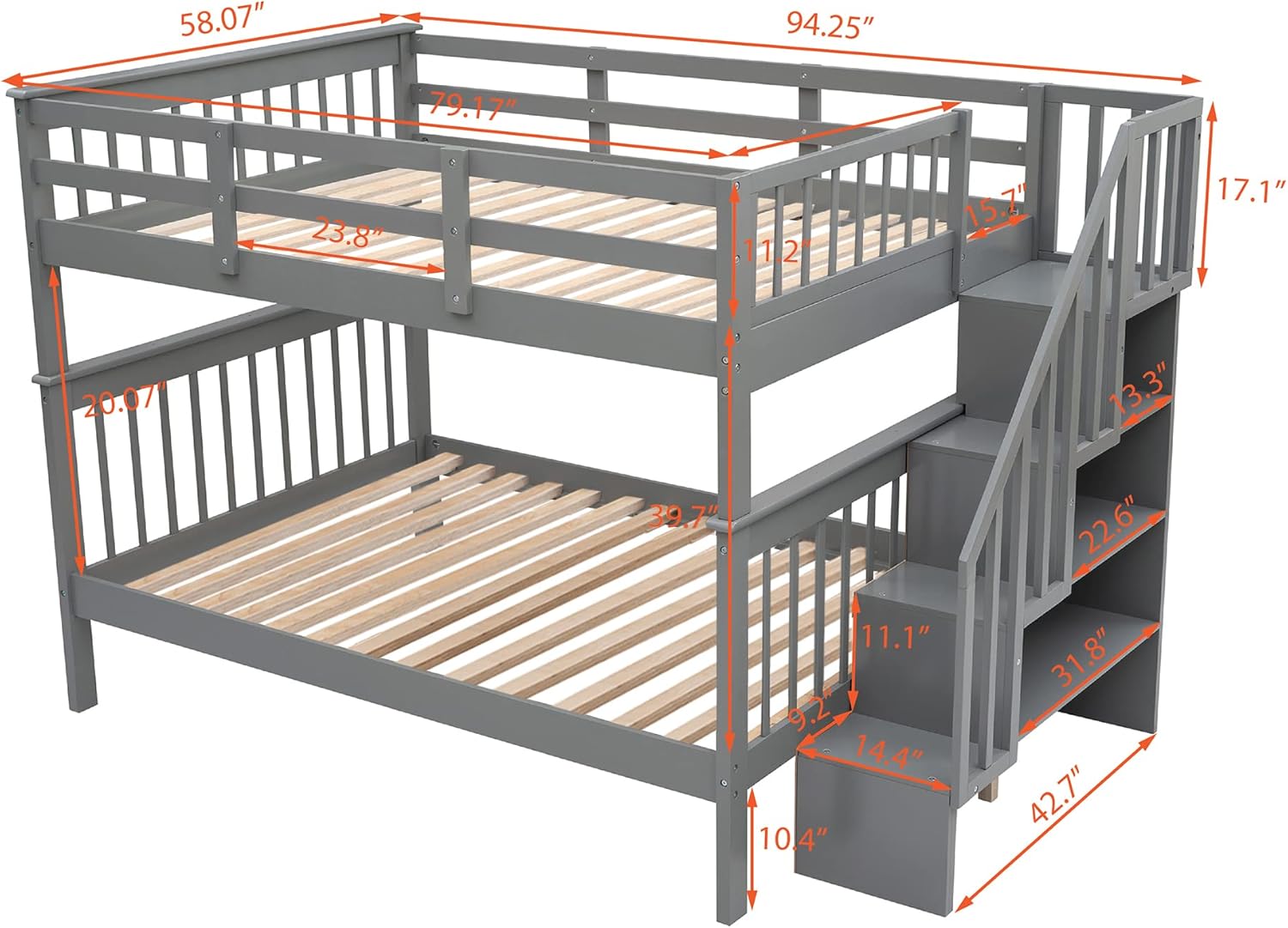 Bellemave Full Over Bunk Beds with Stairs and Storage Wood Bed Frame Staircase Shelves for Kids Teens Adult, Detachable Stairway Bunkbed Boys Girls, Gray