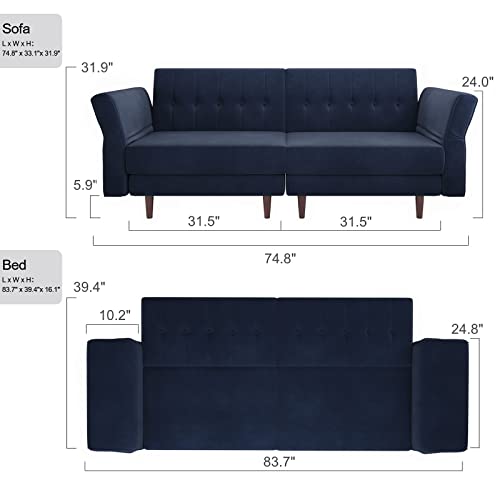 Belffin Velvet Convertible Futon Sofa Bed Memory Foam Futon Couch Sleeper Sofa Navy Blue