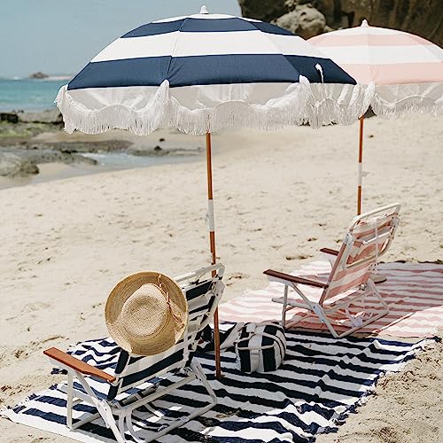 Business & Pleasure Co. Holiday Umbrella - Boho Beach Umbrella with White Fringe, UPF 50+, 1