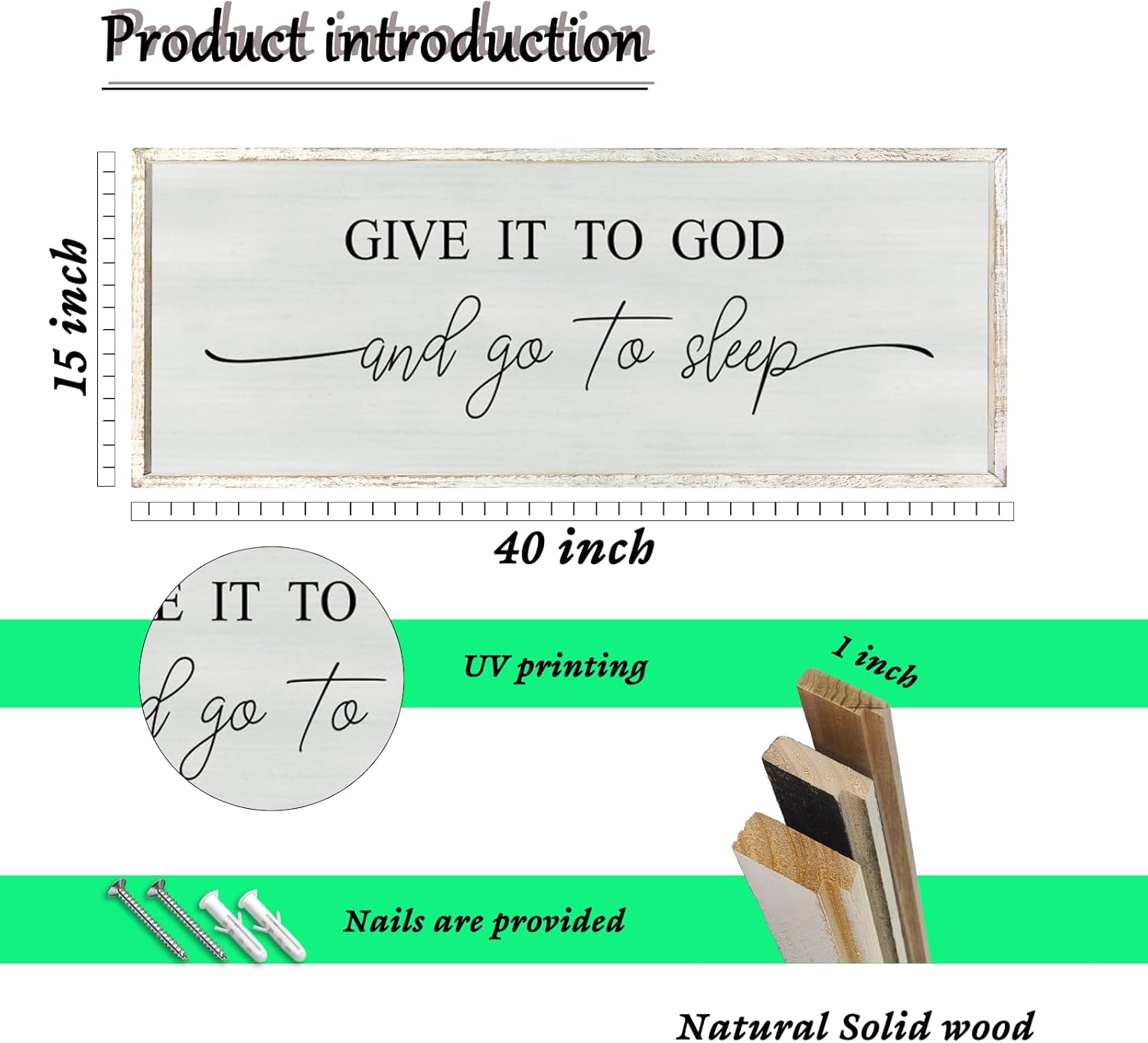 Give It To God And Go To Sleep Wall Decor 40X15 Large Rustic Farmhouse Master Bedroom Sign Above Bed Wooden Framed Religious Over Bed Wall Art Guest Room Hanging Decoration （White）