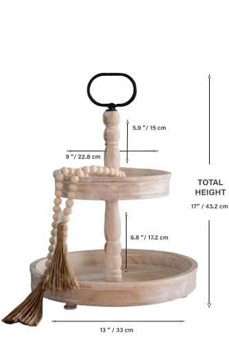 Two Tier Wood Tray with Wooden Beads - Farmhouse Rustic 2 Tiered Serving Stand for Kitchen & Home Decor - Cupcake Stand with Metal Holder