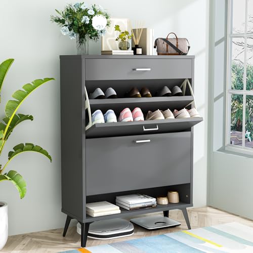 Lamerge Shoe Storage Cabinet for Entryway, Free Standing Shoe Organizer with 2 Flip Drawers，Hidden Shoe Rack Storage Organizer for Doorway Hallway, Black