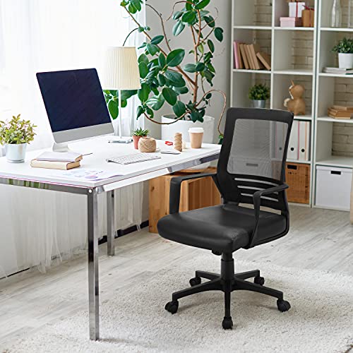 Topeakmart High Back Mesh Office Chair with Leather Seat, Ergonomic Height Adjustable Desk Chair with Lumbar Support, Executive Task Chair with Comfy Headrest for Home, Meeting Room Brown
