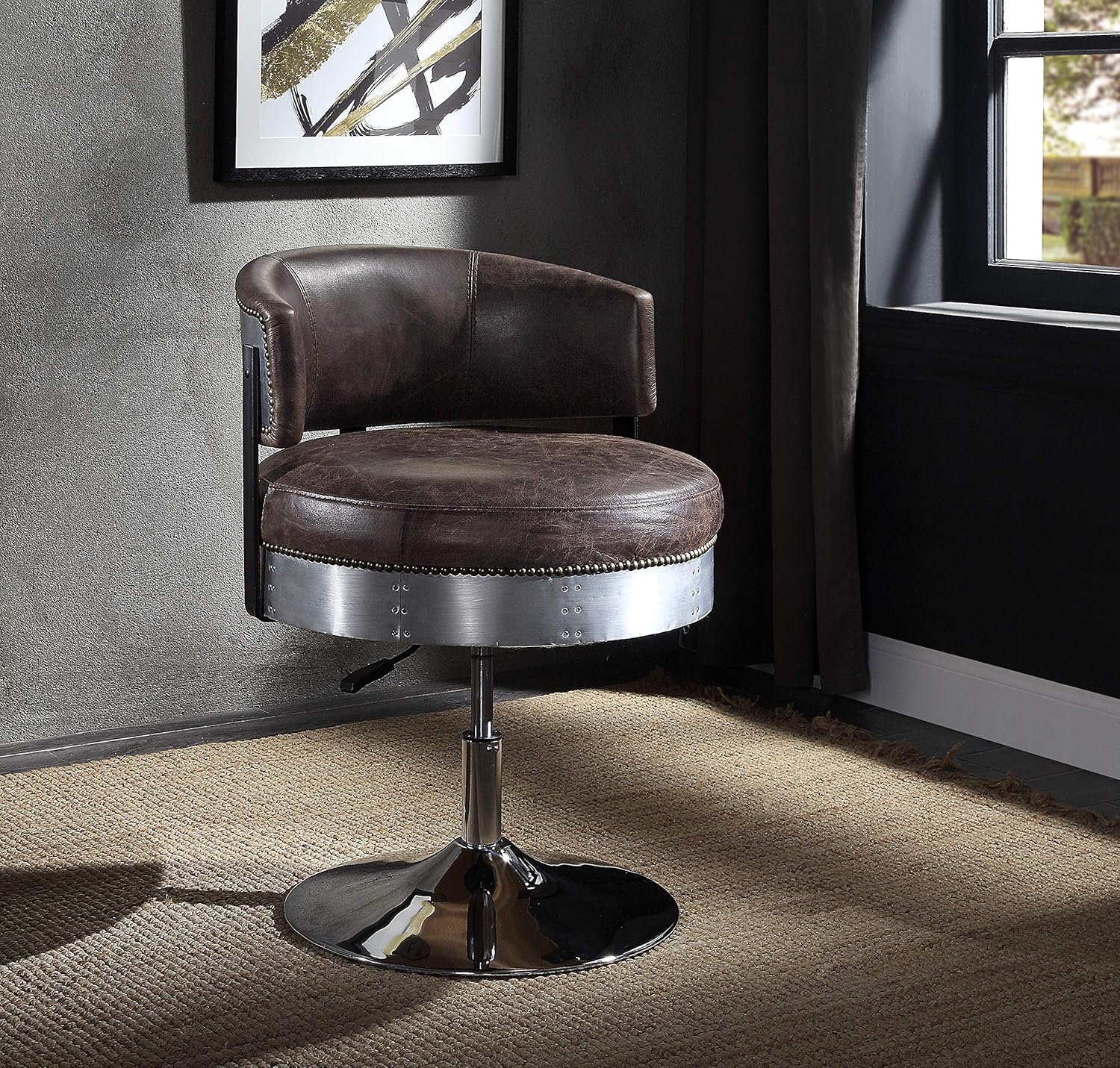 Acme Furniture Brancaster Adjustable Chair with Swivel in Distress Chocolate Top Grain Leather & Chrome