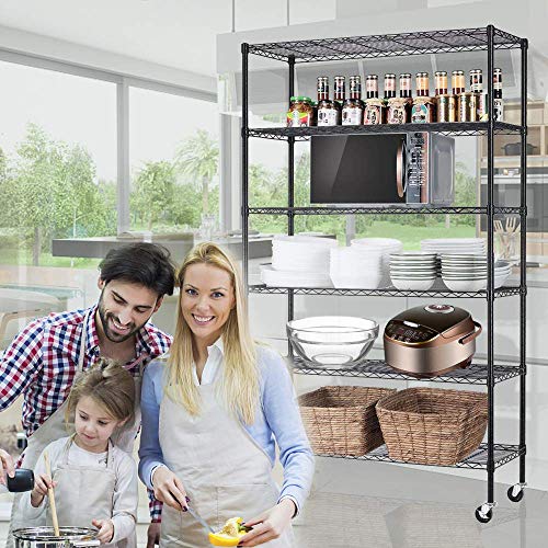 Metal Shelf 6 Tier Wire Shelving Unit with Wheels,Heavy Duty Storage Shelves, NSF Garage Kitchen Organizer, Wire Rack Height Adjustable Commercial Grade Rolling Steel Rack,48