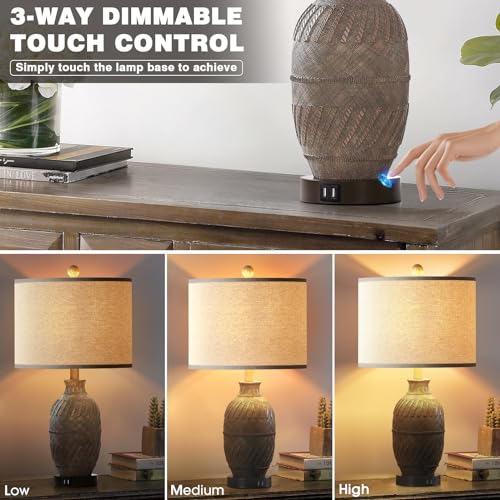 3 - Way Dimmable Touch Control Table Lamps Set of 2 for Bedroom, Farmhouse Bedside Lamps with 2 USB Ports and AC Outlet, Rustic Traditional Nightstand Lamps for Living Room (2 Bulbs Included)