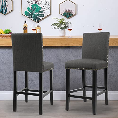 GOTMINSI Nailhead 24 Inches Counter Height Stools Upholstered Bar Stools with Solid Wood Legs, Set of 2 (Beige)