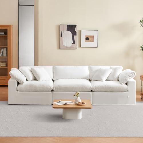 121.9 Inch Couch,Extra Deep Seat Sectional Sofa,Down Filled Cloud Sofas Comfy Upholstered Modular White Couches with Removable Cushion Covers for Living Room Apartment Office