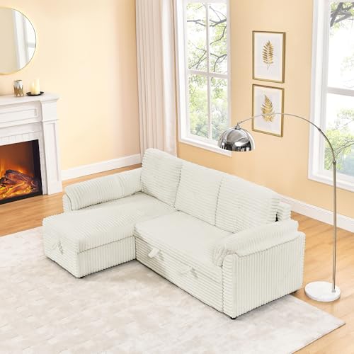 Corduroy Tufted Upholstered Sleeper Sectional Sofa, L-Shaped Modular Convertible Sofa with Storage Chaise, Futon Couch with Pullout Bed, Convertible Sofa, Recliner, Bed, for Living Room， Black