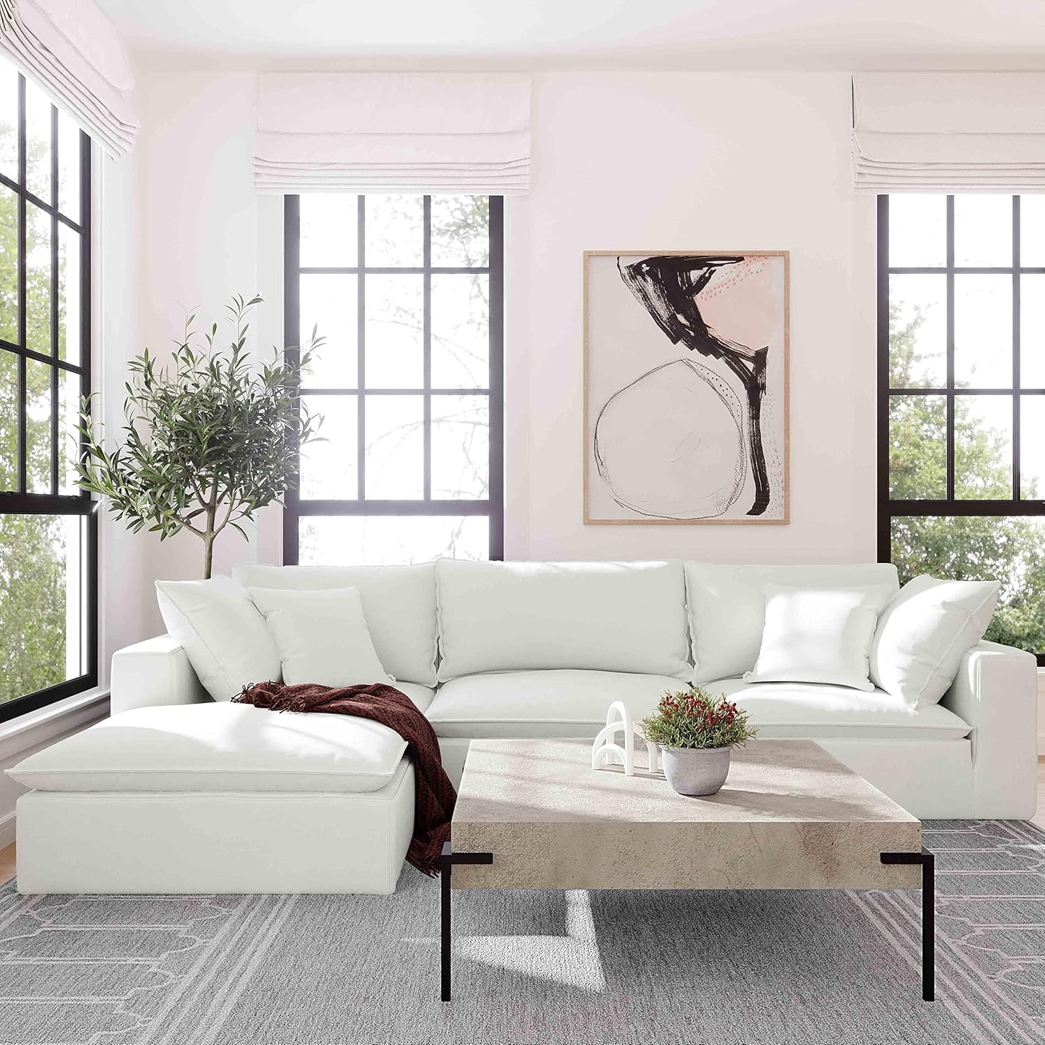 TOV Furniture Cali Pearl Upholstered Ottoman in LiveSmart Performance Fabric