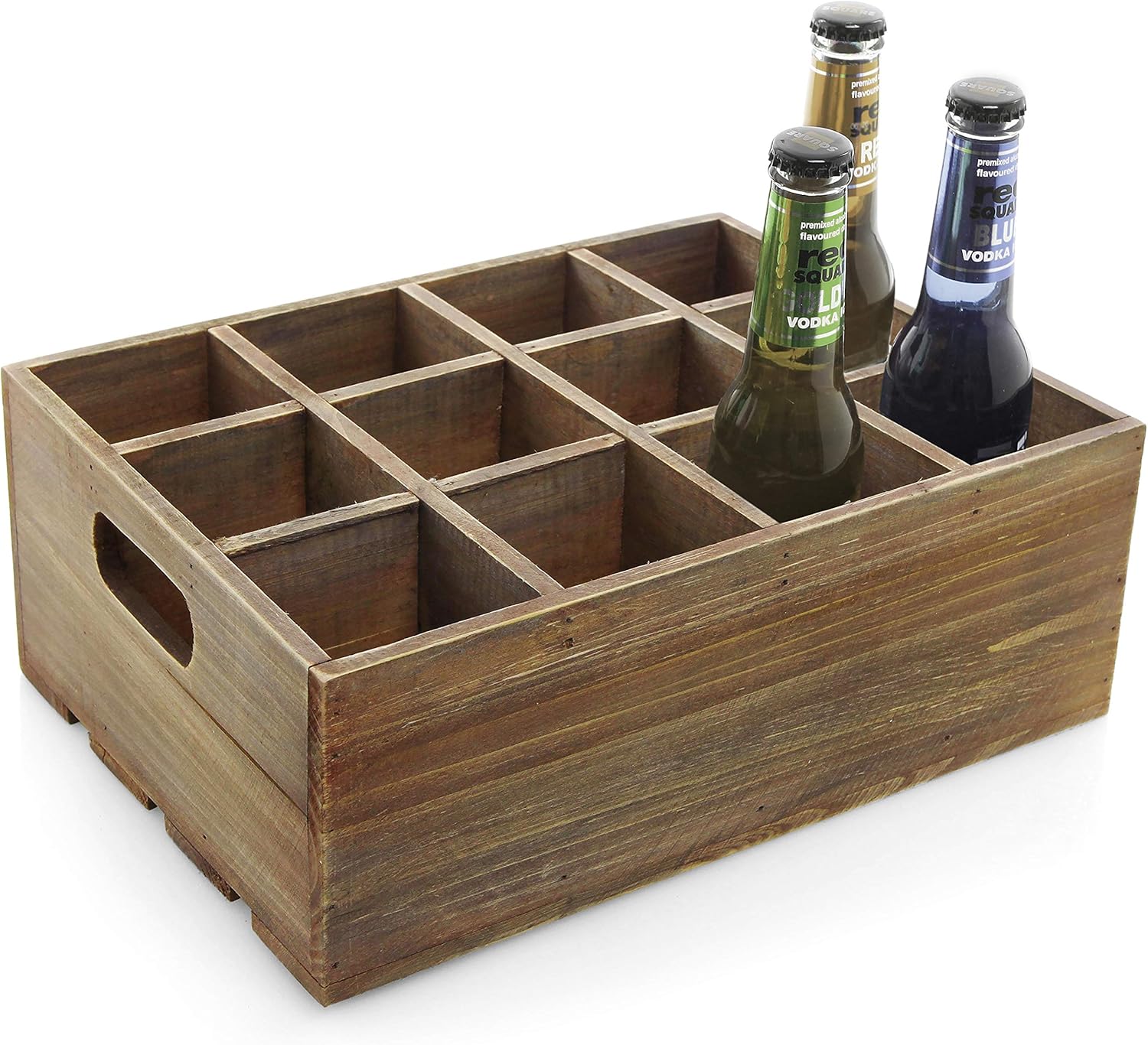 MyGift Rustic Brown Wood Bottle Storage Crate - Wooden Beer Holder Box, Bottled Beverage Serving Caddy with Carrying Handles, 12 Individual Slots