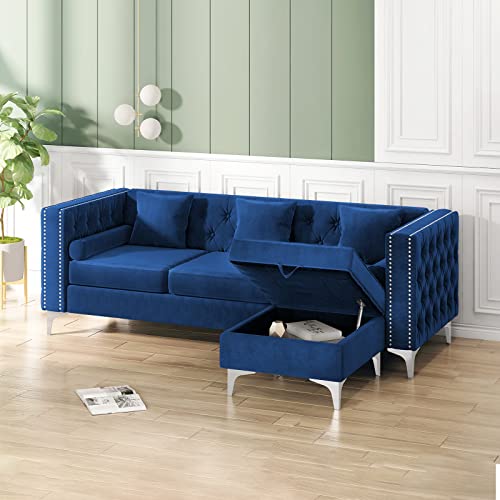 BALUS Reversible Convertible Sectional Couch Set for Living Room, Velvet L-Shaped Sofa with Storage Ottoman and Armchair, 3 Seater Sofa with Ottoman and Accent Chair for Apartment