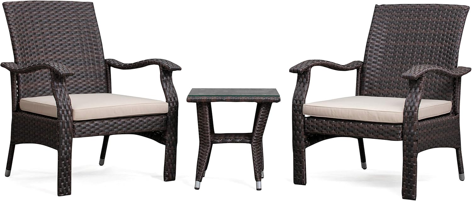 Patio Sense 63362 Miles Conversation Wicker Set Dark Brown Outdoor Bistro Set with 2 Chairs & Coffee End Table with Glass Top - Mocha Finsh - 3 Piece Set