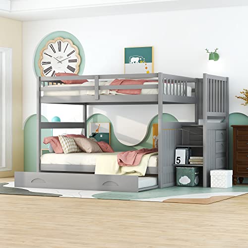 Harper & Bright Designs Twin Over Full Bunk Bed,Wooden Bunk Beds with Ladders and Two Storage Drawers, White