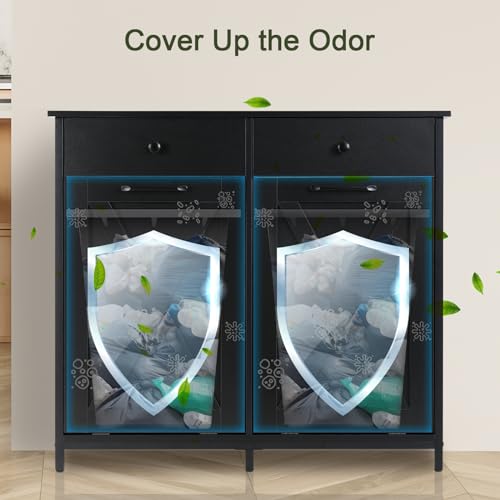 Double Tilt Out Trash Cabinet 20 Gal, Kitchen Wooden Recycling Cabinet, Hidden Trash Can Holder w/Drawers & Tabletop, Dog-proof Trash Bin Cabinet, Trash Bins NOT INCLUDED(White)