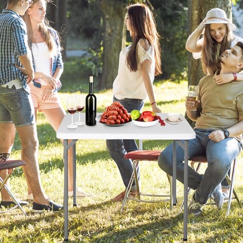 ZenStyle Indoor Outdoor Heavy Duty Plastic Folding Table Portable Picnic Table Fold-in-Half Utility Table w/Handle and Steel Legs for Camping, Dining, Party, White (8ft)