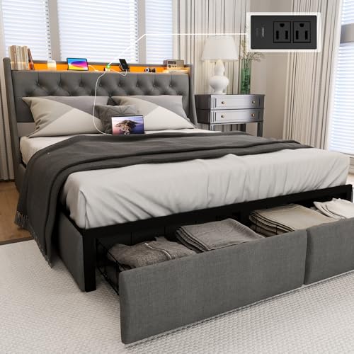 Full Size Bed Frame with 4 Storage Drawers and LED Lights, Upholstered Wingback Linen Tufted Headboard with Charging Station, Steel Slat Support, No Box Spring Needed, Noise-Free, Easy Assembly, Gray