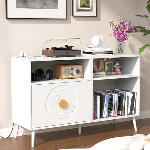 Large Record Player Stand, Record Table Cabinet with Power Outlet, Modern Vinyl Record Storage Cabinet with Wood Legs for Bedroom, Living Room, Office (Black)