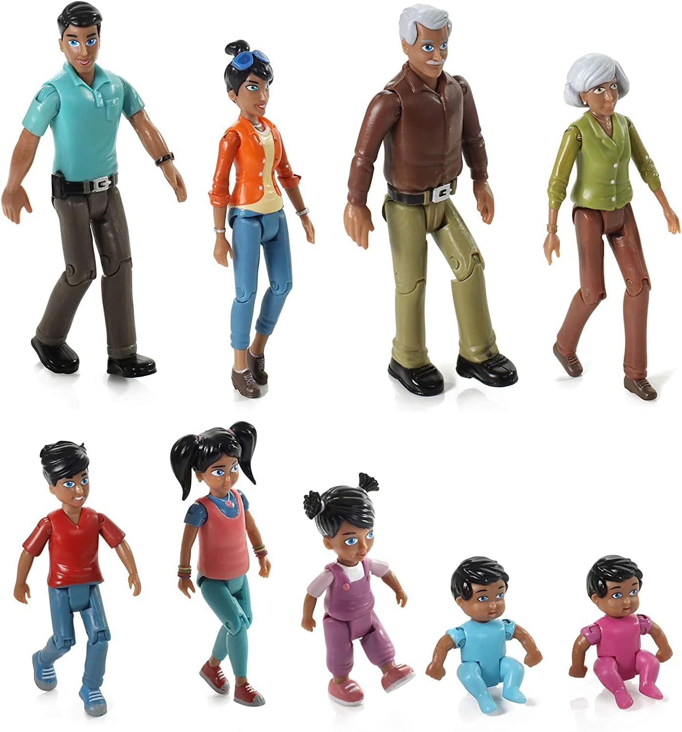 Beverly Hills Doll Collection Sweet Li'l Family Hispanic Dollhouse People Set of 9 Action Figure Set - Grandpa, Grandma, Mom, Dad, Sister, Brother, Toddler, Twin Boy & Girl